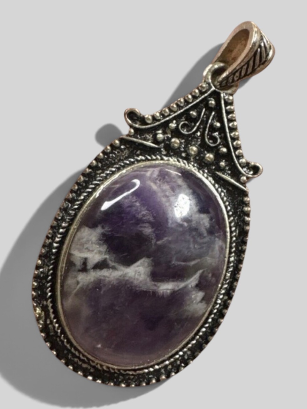 Vintage Imitation Amethyst  Pendant Oblong 2 " Silver Tone Metal